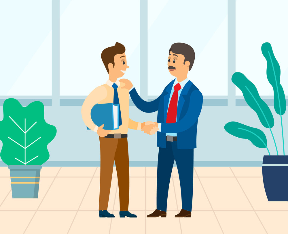 Men colleagues shaking hands, business collaboration. Employee standing indoor near houseplants, workers partnership and cooperation, agreement vector. Employee Shaking Hand, Worker Partnership Vector