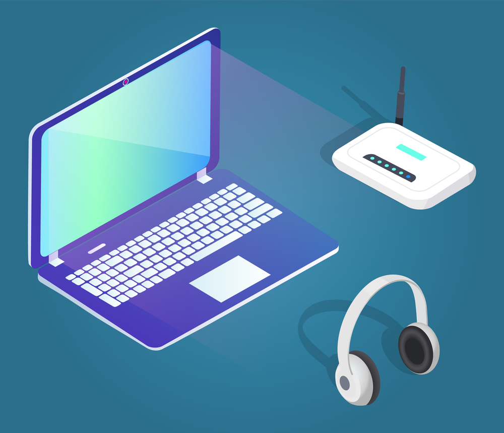 Collection of modern gadgets and equipments. Laptop with glowing screen and modem, big headphones. PC for work or education. Innovative technologies with wide monitor, vector in isometric style. Laptop and Modem, Headphones Gadgets Set Isometric