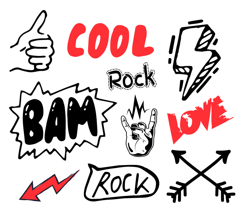 Black and red text inscription for sticker or label. Thumb up, cool, rock, bam, love, red arow, black crossed arrows, rock hand sign, lightning. Handwritten text, images. Using at polygraphy, print. Thumb up, cool, rock, bam, love, red arow, black crossed arrows, rock hand sign, lightning signs