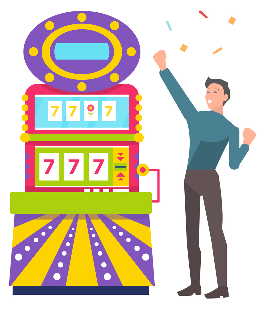 Young man playing colorful slot machine. Lucky male gambler taking risks and winning money. Lucky seven, jackpot vector, game of chance, casino vector. Young Man Winning Money in Casino, Jackpot Vector
