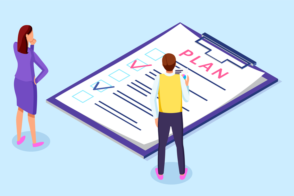 Plan list, business plan, clipboard with checklist and check marks, completed deals, assignments, tasks, targets, businesspeople man woman analysing info, business strategies, planning schedule. Plan list, clipboard with checklist and check marks, completed deals, assignments, tasks, targets