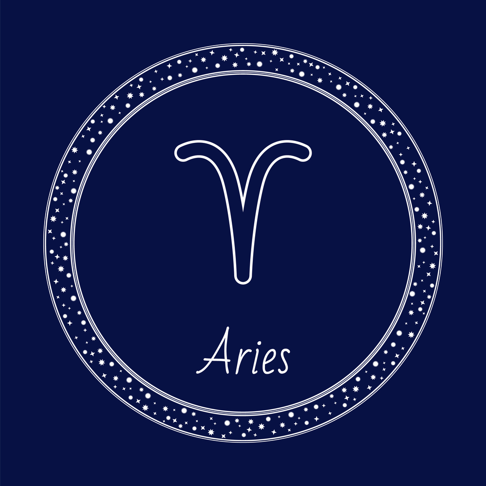 Aries astrology zodiac horoscope symbol in round starry circle on blue color. Astrological card with constellation symbol in round shape. Birthday month and galaxy fantasy object flat design vector. Zodiac Horoscope Card Aries Astronomy Sign Vector