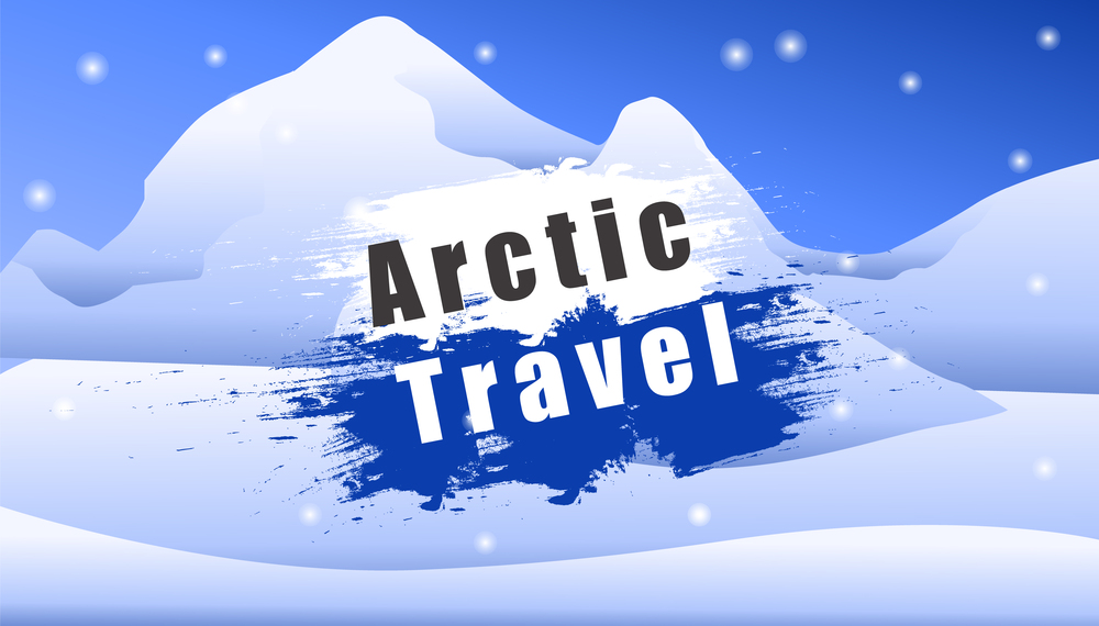 White snowy mountains, snowy plain, blue frosty sky with snowflakes. Arctic travel. Winter holidays, resort. Advertising banner. Go skiing, snowboarding. Winter sports. Blog about holidays. Flat image. Mountain white landscape, snowy plain, snowflakes, lettering Arctic travel. Winter holidays, resort