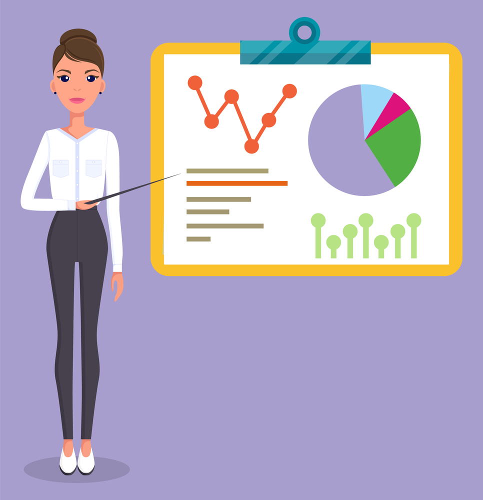 Office worker stylish businesswoman standing near board with visual presentation. Growing graphic. Web analytics, analysing business statistics. Woman with pointer show presentation isolated. Woman with pointer show presentation, Office worker stylish businesswoman standing near board