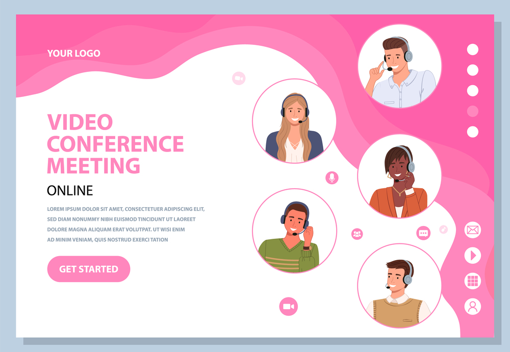 Landing page of website. Video conference meeting. Different races businesspeople with headsets talking, discussing business problems. Online conference with partners. Avatars of operators in circles. Landing page of website, video conference meeting, different races businesspeople with headsets