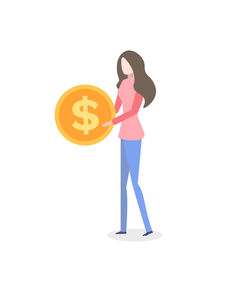 Female making investments, increasing income and financial profit, dollar sign on money in hands. Vector woman with golden coin isolated cartoon character. Woman with Golden Coin in Hands Isolated Character