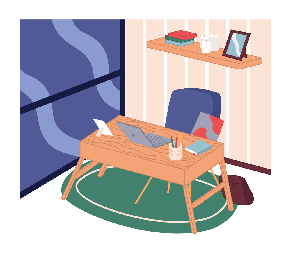 Image of an interior with desktop, laptop, armchair, notebook, stationery, photo frame, carpet. On the wall is a shelf with books, candles and frame. Cozy home interior. Work remotely at home. Cozy home interior or office, desk and laptop. Work at home or freelance. Modern design illustration