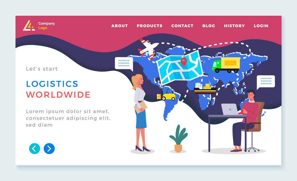 Landing page of logistics site. Logistics around the world. Big world map with cargo plane, truck, ship, electric lift. Man sits at table with laptop,woman holds document. Communication in the office. Logistic website template. Cargo transportation around the world, transportation of thr goods