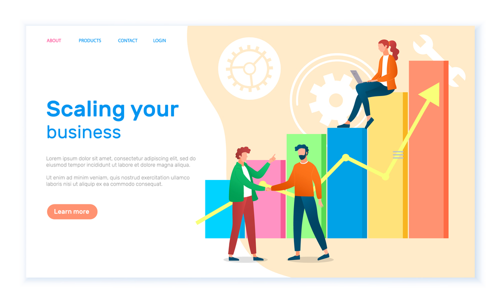 Scaling your business landing page template. Success, achievement, motivation business banner. Group of specialists develops a growth plan concept with businesswoman on graph columns and up arrow. Scaling your business landing page template. Success, achievement, motivation business banner
