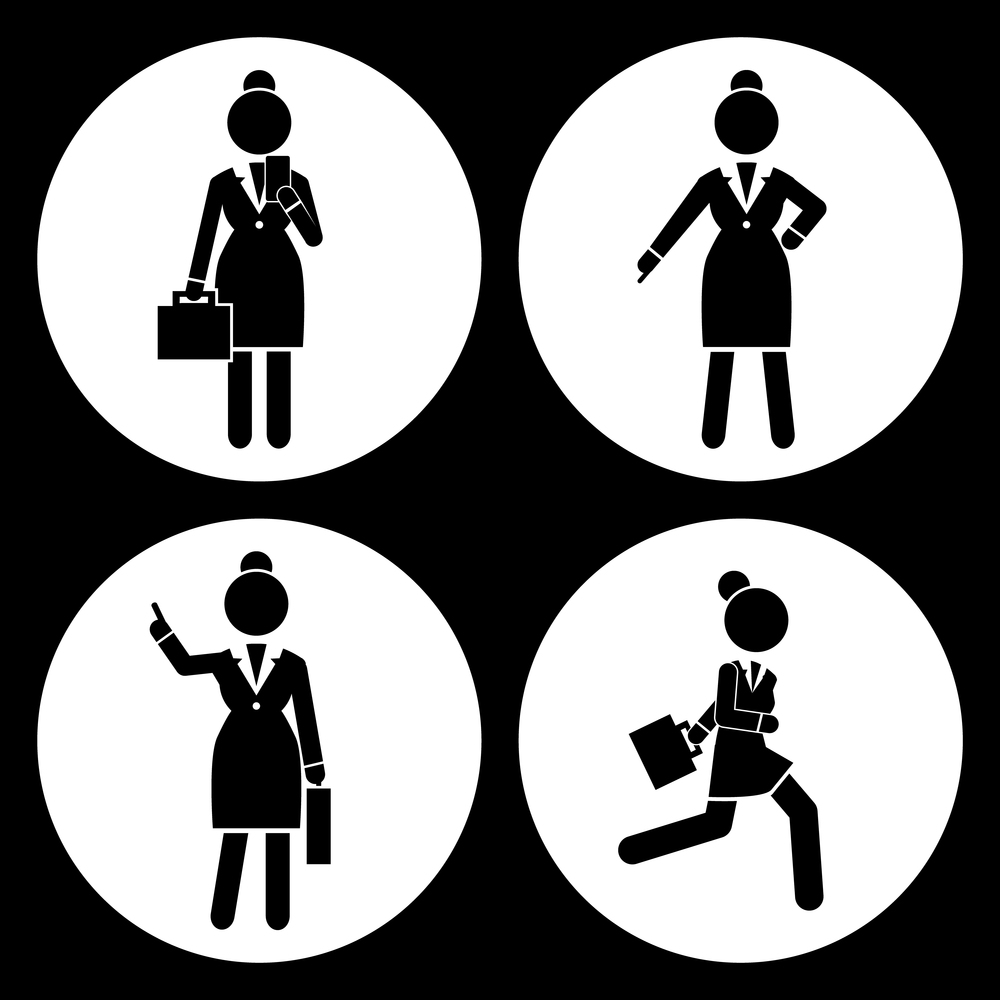 Set of business woman black silhouettes icons in round frames of different girl. Women in action. Lady dressed formally full length. Businesswoman activities at work. Positions and actions of a person. Set of business woman black silhouettes icons in round frames. Women in action. Businesswoman