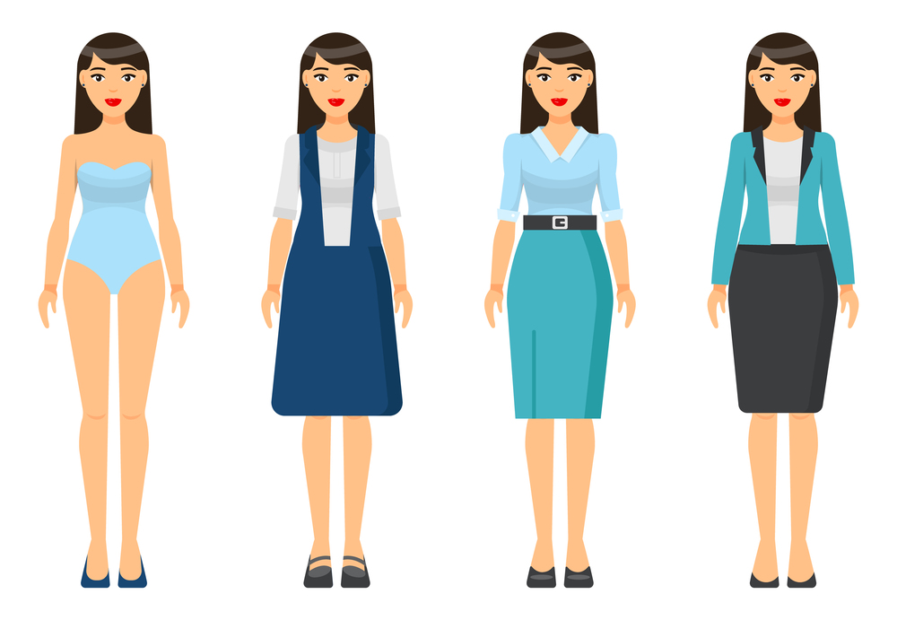 Cartoon characters. Woman brunette with short haircut wearing different clothes. Girl in underwear. Businesslady wear business and home dress, skirt and blouse, office suit with jacket. Set of clothes. Dresscode of businesswoman or businesslady, set of clothes, woman in underwear, office style