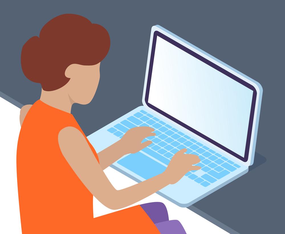 Office worker woman sitting at a desk with a laptop. Businesswoman or a clerk working at her computer typing on keyboard flat style illustration. Student, enterpreneur performs work on a tablet pc. Office woman at a desk with a laptop. Business woman or a clerk working, typing on keyboard