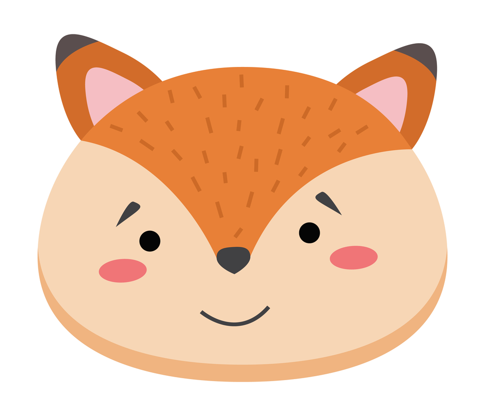 Colorful cute vector fox face. Wild forest animal head one object on a white background. Cartoon flat illustration. Emoji funny animal. Embarrassed smile emotion. Template icon. Logo, sticker.. Colorful cute vector fox face. Wild animal head on a white background. Cartoon flat illustration