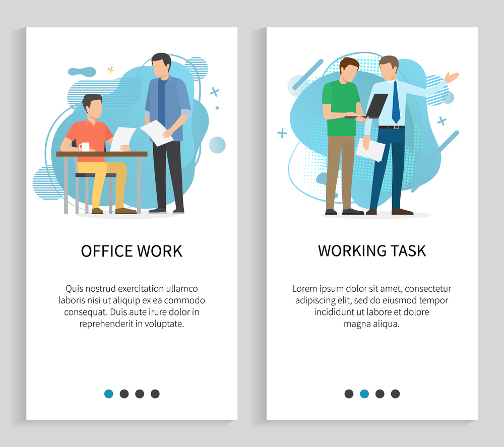 Office work and task solution vector. Working employees with laptop management decision, manager checks paperwork, colleagues busy at job. Website or slider app, landing page flat style. Work Task and Office Work Business Decision Vector