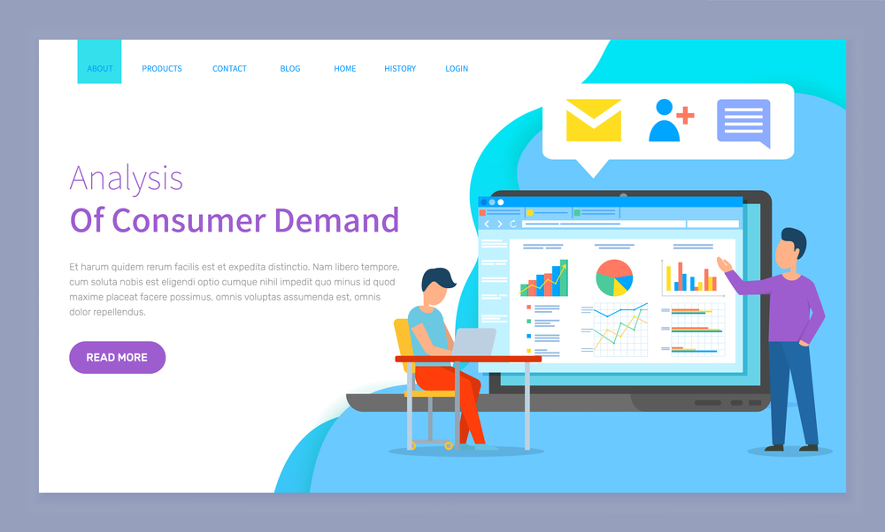 Analysis of consumer demand website vector. Workers with laptop discuss statistical indicators, analyze sales charts and graphs, make a plan to attract customers. Webpage template, landing page. Analysis of consumer demand website vector. Workers with laptop discuss statistical indicators