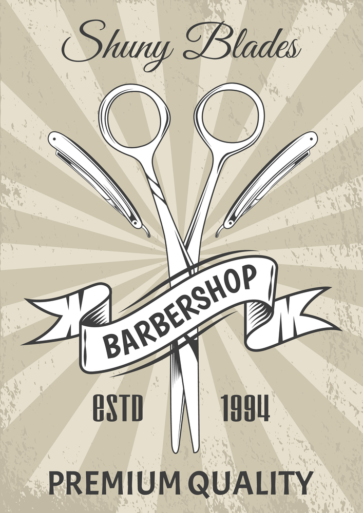 Logotype for barbershop in vintage style. Barber shop logo flat vector design emblem with barber objects sign and lettering. Hairdressing salon signboard. Style haircut banner poster. Logotype for barbershop vintage style. Barber shop logo emblem with barber object sign and lettering