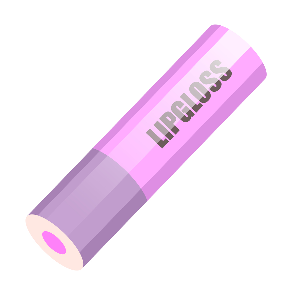 Closed lilac lip gloss tube. Lip cream plastic opaque bottle of pink color with a screw cap isolated on a white background. lip care cosmetic accessory. lipstick, pomade paints lips does makeup. Lip gloss tube. Vector illustration of beauty and fashion icon. lip care cosmetic accessory