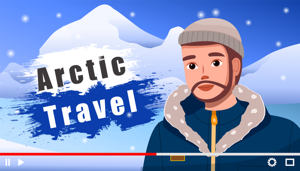 Traveler video blogger young man. Screensaver of video blog post about travel to Arctic. Male character in a warm jacket with a hood in winter landscape telling about Arctic and Antarctic tourism. Traveler video blogger young man. Screensaver of video blog post about travel to Arctic