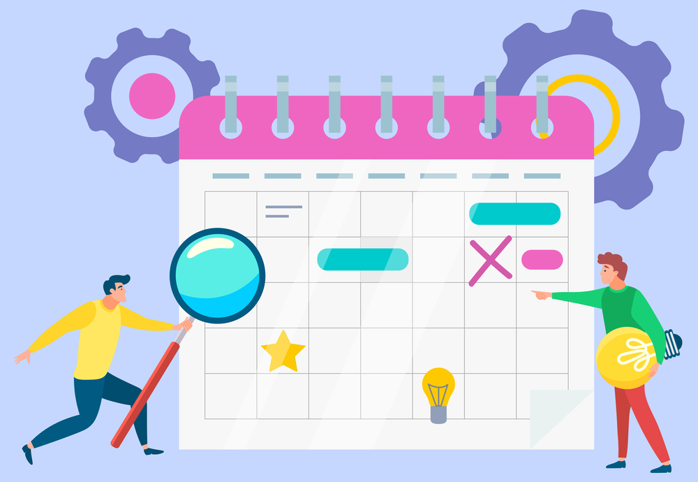 People with calendar vector, schedule with dates and appointments. Man with magnifying glass and bulb, organization of working space and time flat style. Organization of Working Tasks and Events Deadline