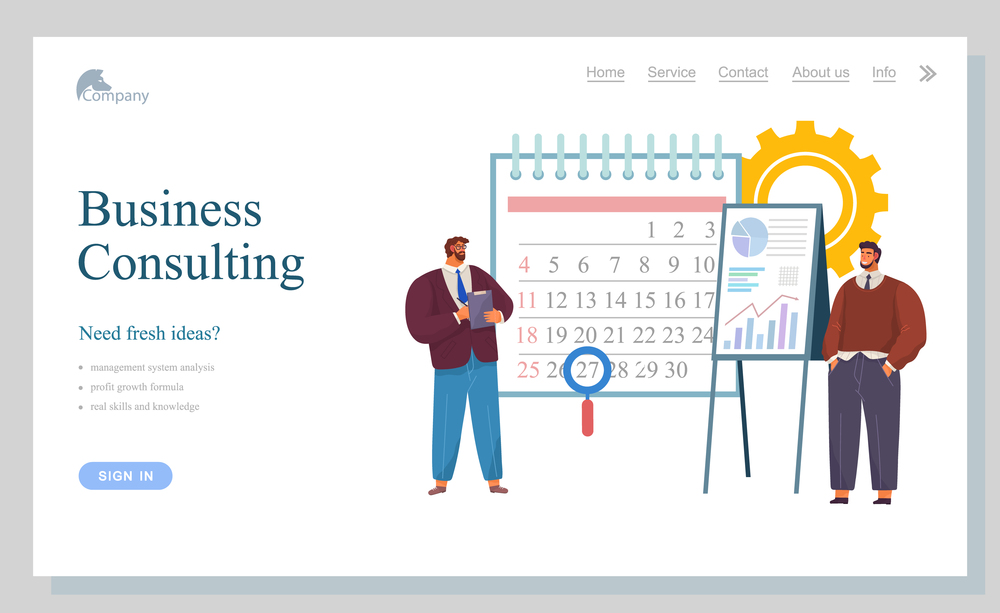 Business consulting vector illustration banner. Businessmen standing near calendar and flipchart with statistical indicators. Business presentation and project management concept webpage template. Business consulting presentation and project management concept webpage template landing page