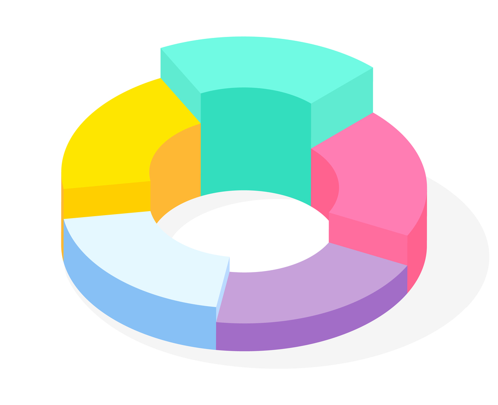 Colorful business pie chart for documents, business reports and financial data presentations. Abstract pie chart infografic element can be used for workflow. Revenue symbol in flat isometric style. Colorful business pie chart for documents, business reports and financial data presentations