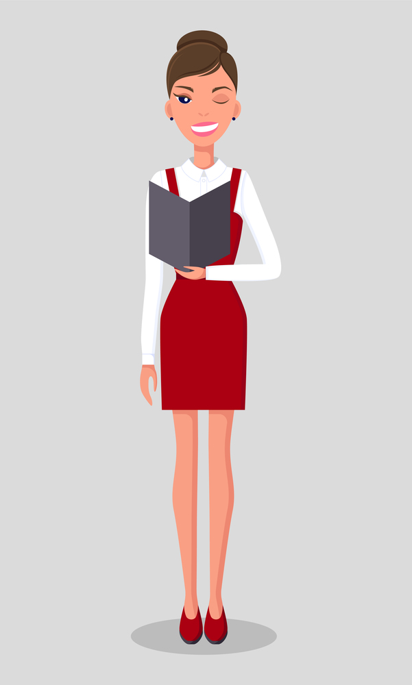 Pretty young slim woman character in business clothes. Smiling business woman with closed eye winking standing with a folder in hands. Businesswoman wearing a blouse standing straight at full height. Pretty young slim woman in business clothes. Smiling business woman standing with a folder in hands