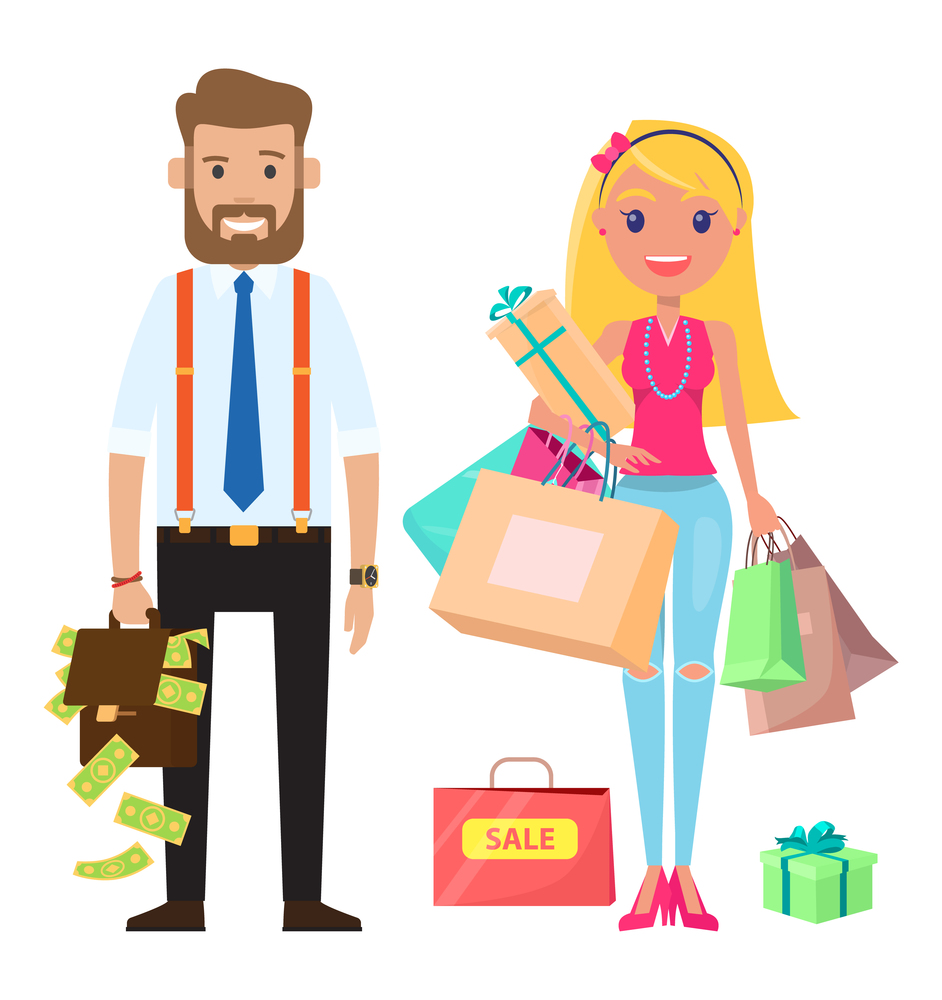 Stylish businessmen and cute young girl. Happy woman holding a lot of gifts and purchases in bags. A man holding in his hand a briefcase from which money is sticking out and dollar bills are pouring. Stylish businessmen and cute young girl. A woman holding a lot of gifts and purchases in bags