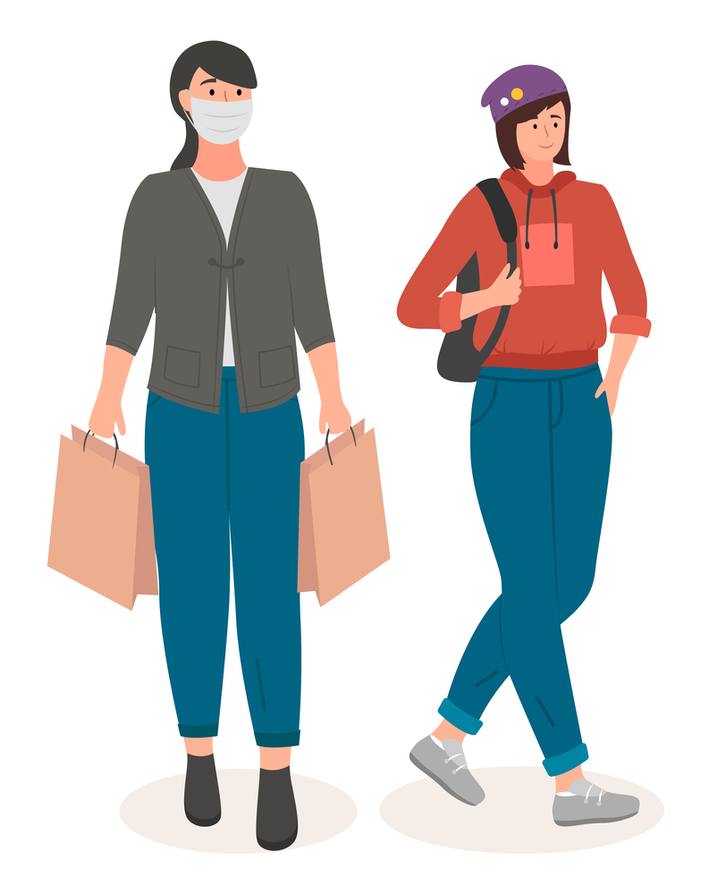 Woman wearing medical face mask to protect against air toxic pollution city, stop spread of viruses coming with purchases and girl in sportswear in a hat carries a backpack on her shoulder on white. Woman wearing medical face mask to protect against air toxic pollution city and girl in sportswear