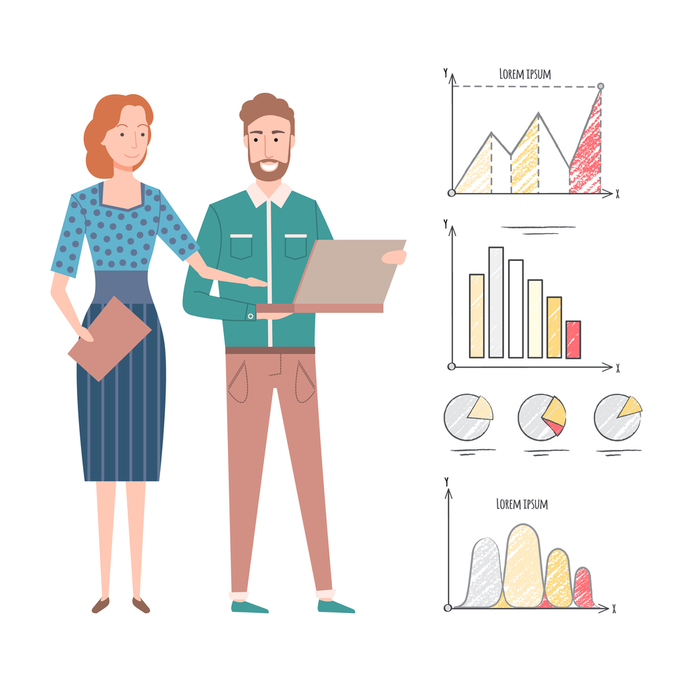 Statistics and information vector, man and woman working on business project, infocharts and infographics, growing rates and results, laptop data. Man and Woman Teamwork of Workers with Statistics