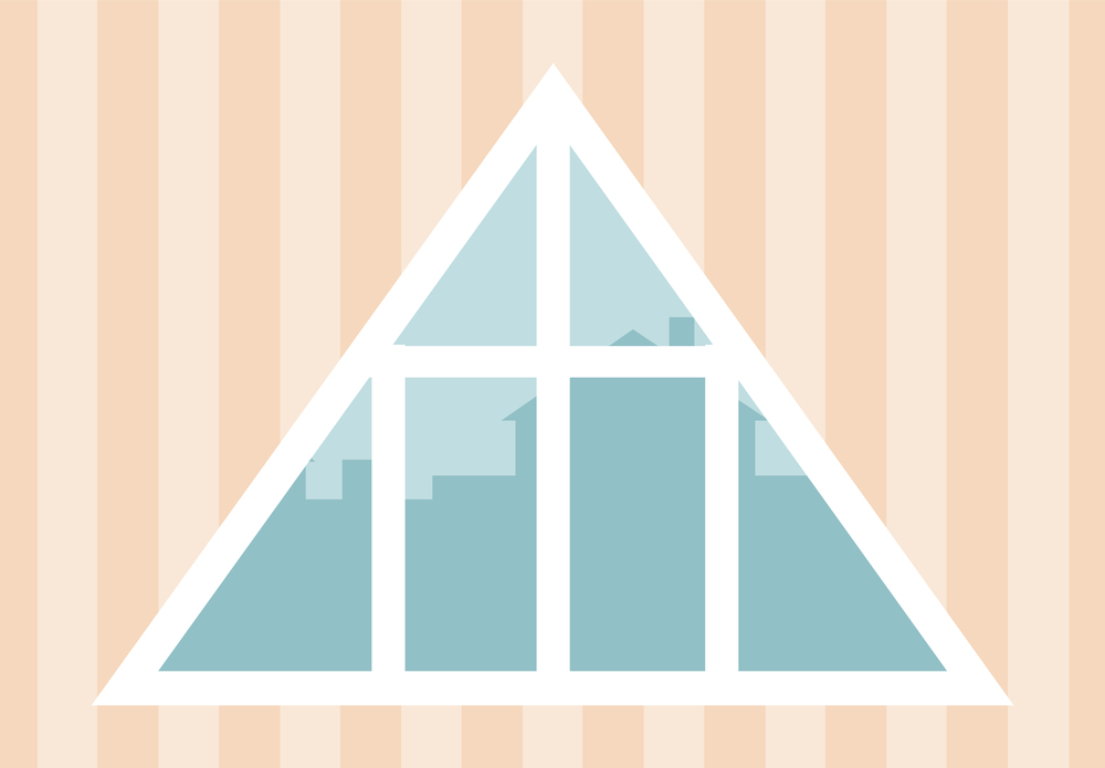 Triangle shaped opening in wall at house, apartment or office. Plastic frame glazed or covered in other transparent material. Simple window with cityscape from it. Vector illustration in flat style. Cityscape from Window, Triangle Opening in Wall