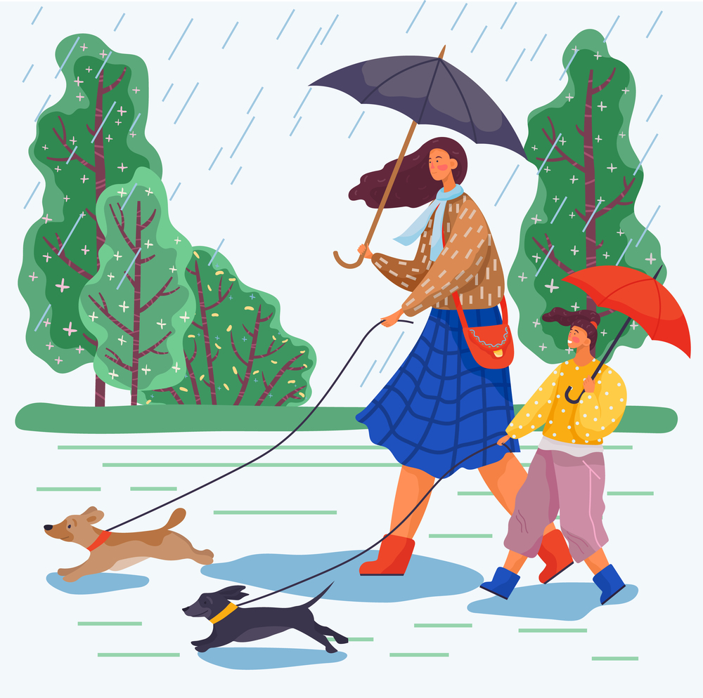 Mother and daughter go for a walk with umbrellas in the rain and take their dogs with them. Happy family day walk during terrible rainy weather. Dogs run forward and lead a couple of young ladies. Mother and daughter are walking the dogs during the rainy weather. Happy family day in the rain