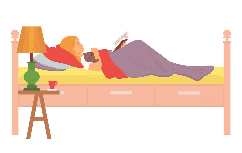 Child in bedroom preparing for sleep vector, isolated kid reading book laying in bed covered with blanket, table with cup and lamp illuminating light. Kid Laying in Bed Reading Book, Bedroom Child