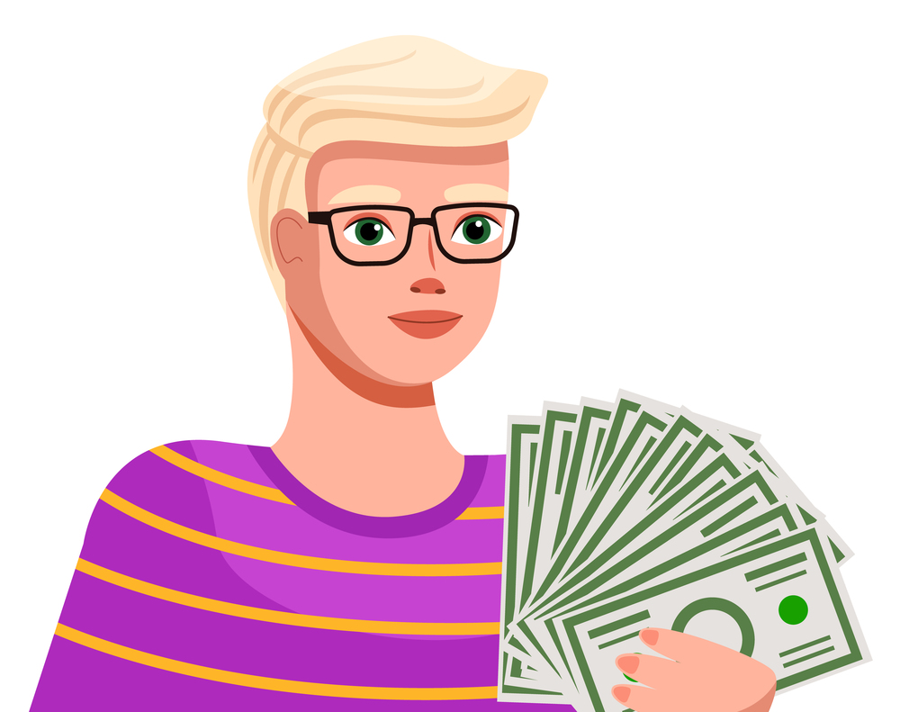 Money and savings concept. Financial plan of a young man. Cartoon character holding a lot of paper banknotes. A serious guy in glasses dressed pink striped t-shirt isolated on white background. Money and savings concept. Financial plan of a young man. Cartoon guy holding a lot of banknotes