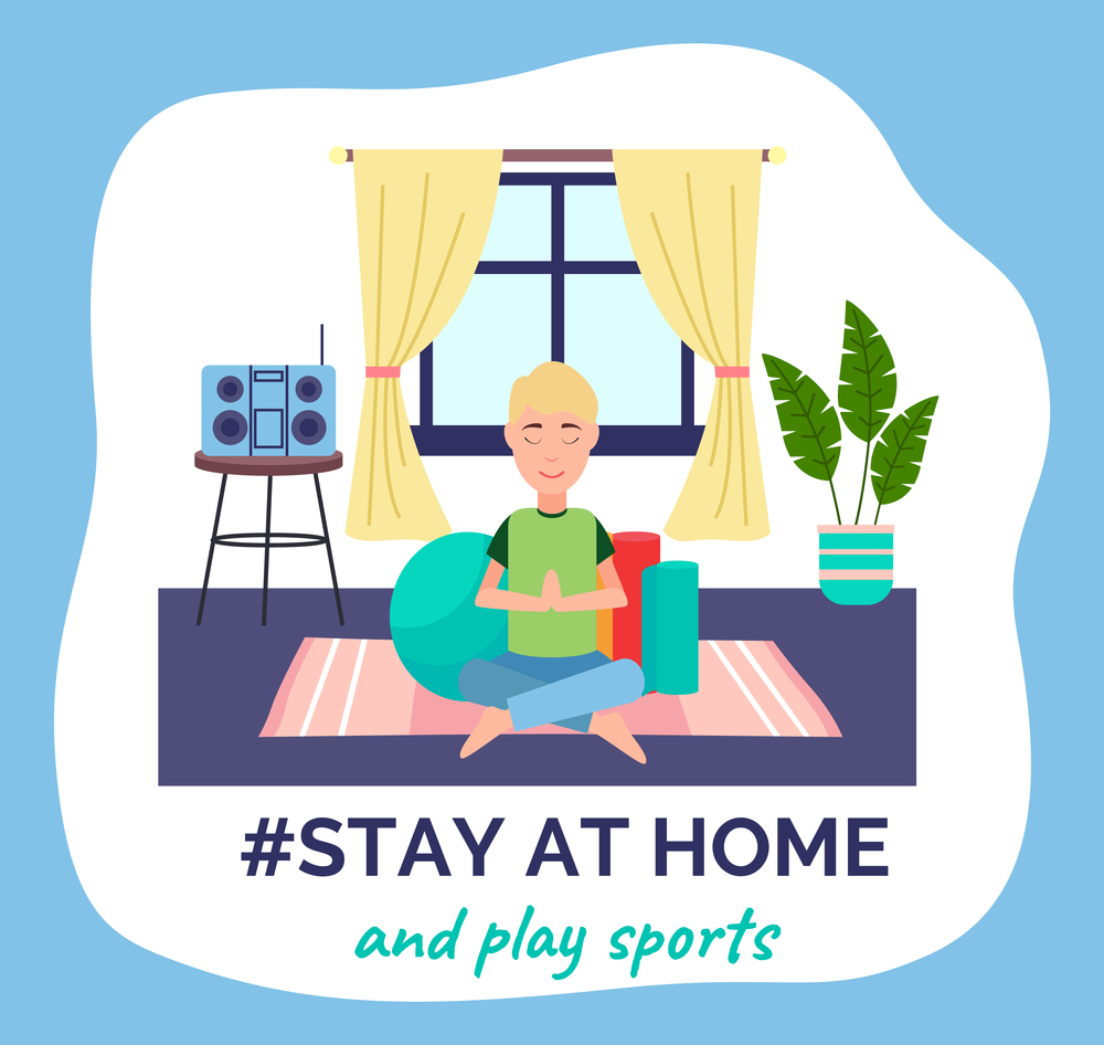 Stay at home concept, person in his apartment sitting on the floor and doing yoga, going in for sports, spending time to good use. Man at home keeping the distance. Quarantine or self-isolation. Self isolation, stay at home concept, young person sitting at his apartment and going in for sports