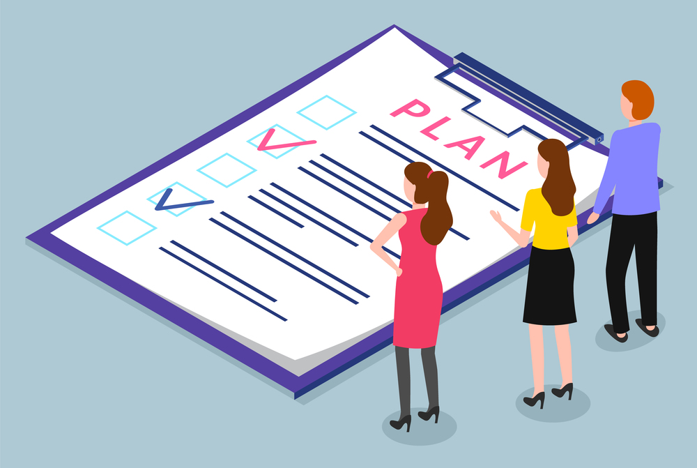 People stand near big clipboard with planning notes. Team discuss about project plan and put check marks on tasks. Office stationery for holding documents in place. Vector illustration in flat style. Clipboard with Tasks, Team on Business Planning