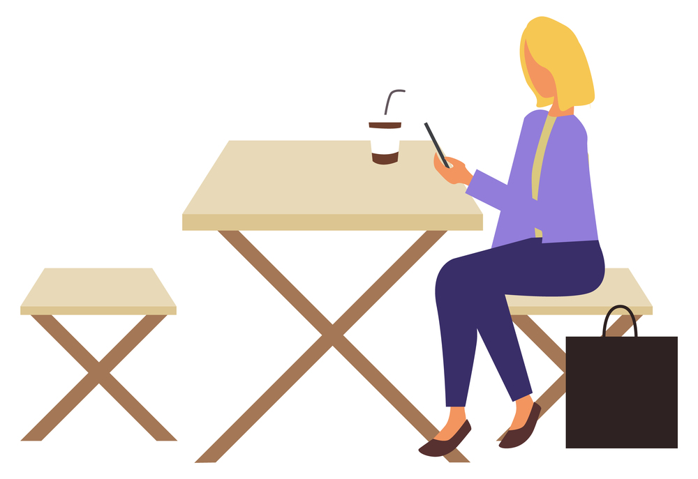 Outdoors cafe table and bench vector, woman drinking coffee from plastic cup. Isolated character looking at smartphone reading news and info in cell. Woman Looking at Smartphone Reading News in Cafe