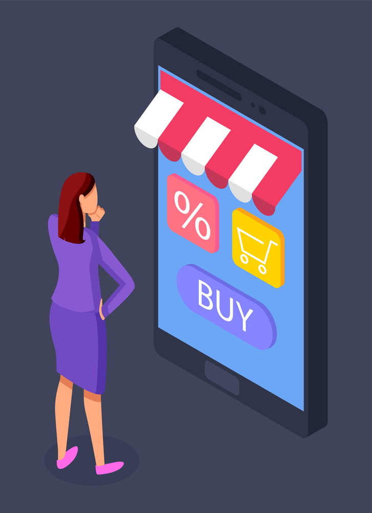 Online store concept. Woman buyer selects a product on a store website on a smartphone screen using application. Phone with a visor of a trade tent. Internet shopping order products from home. Online store concept. Woman buyer selects a product on a store website on a smartphone screen