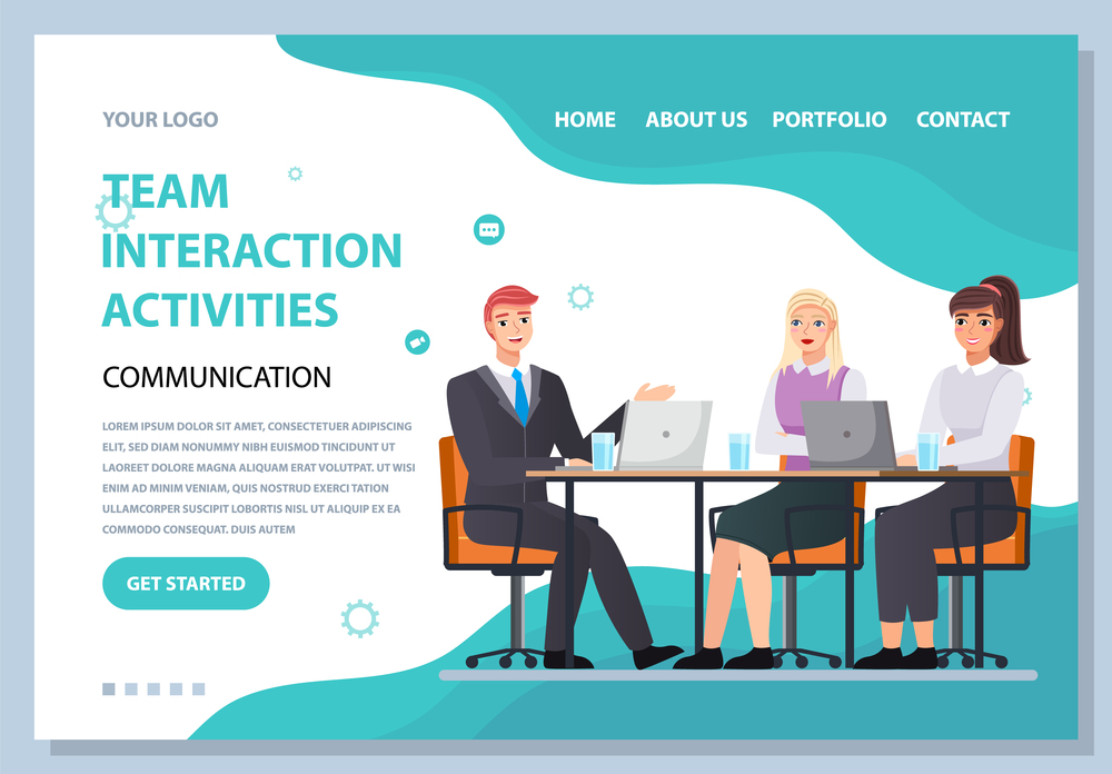 People work together, interact with information. Business, leadership, team interaction activities landing page template. Workflow management, office situations and communacation, successful teamwork. Team interaction activities webpage template. People work together and interact with information