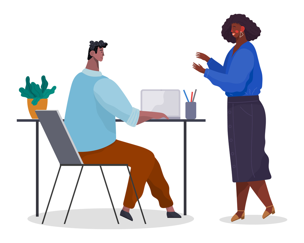 Office staff, work and communication. Head and subordinates. Various workers, managers team. Business employees on their workspace. Office workers. Co-workers. Colleagues discuss project teamwork. Office workers. Co-workers. Colleagues discuss project teamwork. Office staff work and communication