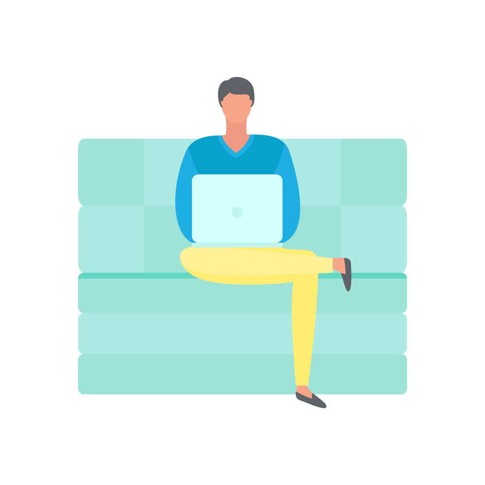 Man sitting on sofa and working on laptop isolated vector illustration. Businessman with notebook, freelance worker, cartoon character in flat style. Man Sitting on Sofa and Working on Laptop Isolated
