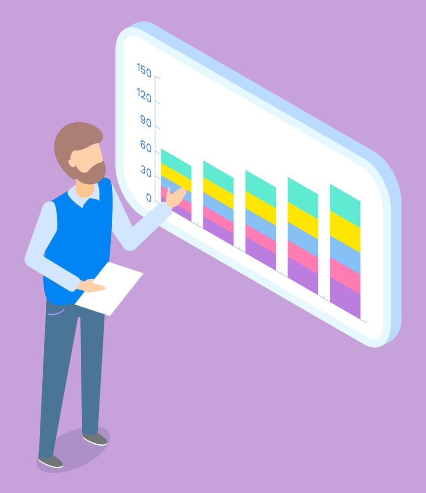 Man presenting business statistic application mobile phone frame with an exchange chart of price changes. Smartphone with candle stick chart on the screen and digital scale on lilac background. Man presenting business statistic application, mobile phone with exchange chart of price changes.