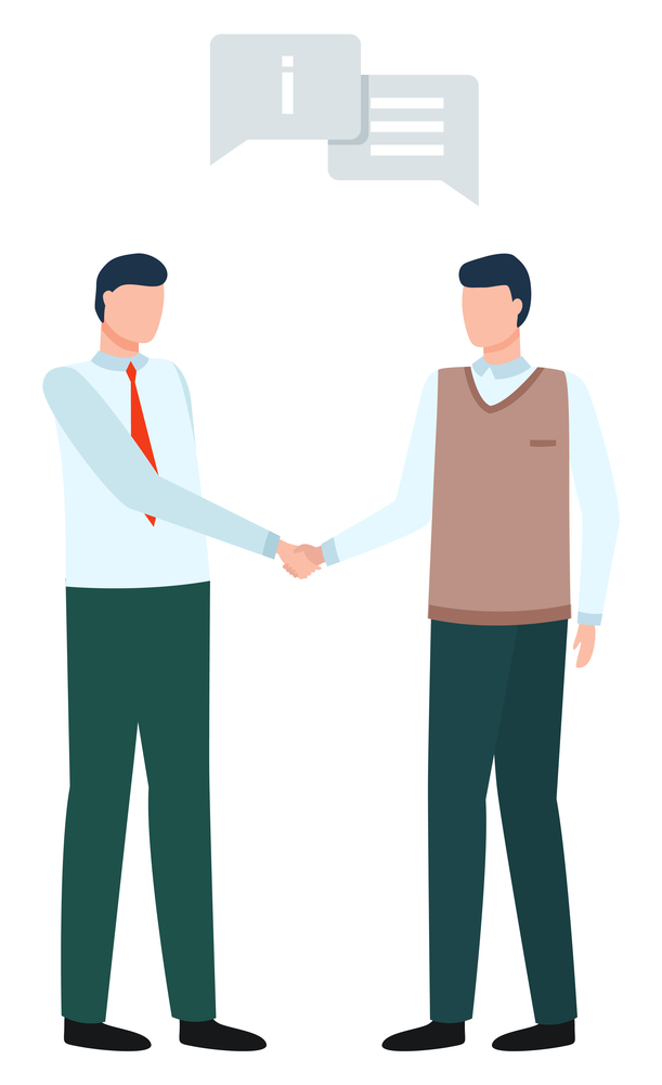 Business with China deal and workers partnership element. Colleagues characters shaking hands and communicating with each other. Partners employees with message icons isolated on white vector. Partnership Corporate for Business China Vector
