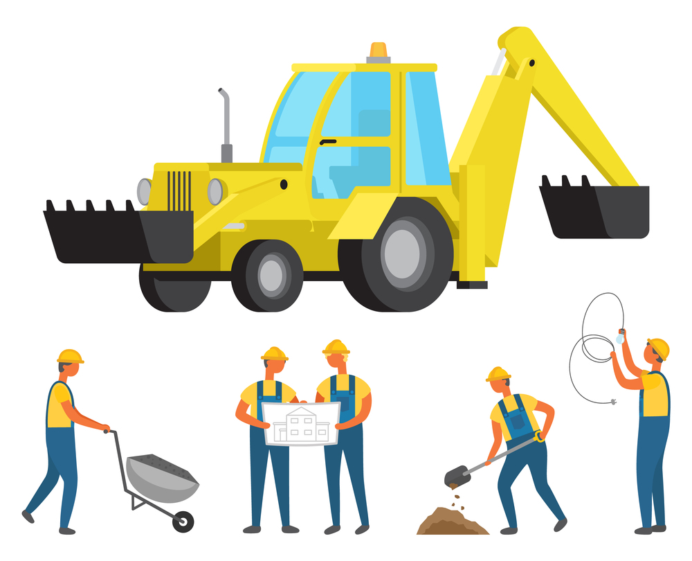 Workers with plans and schemes vector, isolated people and machinery. Construction equipment and workmen with carriage and shovel, cable electricity. Workers on Construction, Engineers and Workmen