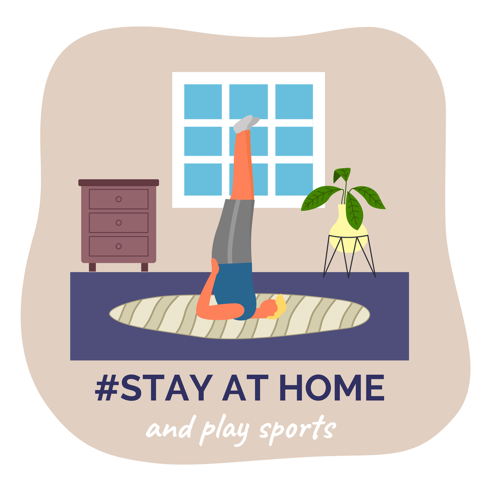 Young man working out doing exercises at home on a mat on the floor. Stay at home concept, vector cartoon illustration. Male character is doing sport at home and stretching with yoga exercise. Woman working out doing exercises at home on a mat on the floor in a healthy daily life concept