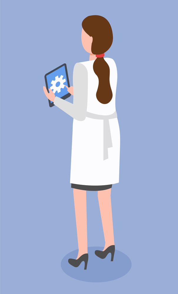 Doctor woman holding tablet pc vector illustration. woman holds electronic device with touch screen back view. Female character medic holding e-book, device for internet surfing, work with documents. Doctor woman holding tablet pc vector illustration. woman holds electronic device with touch screen