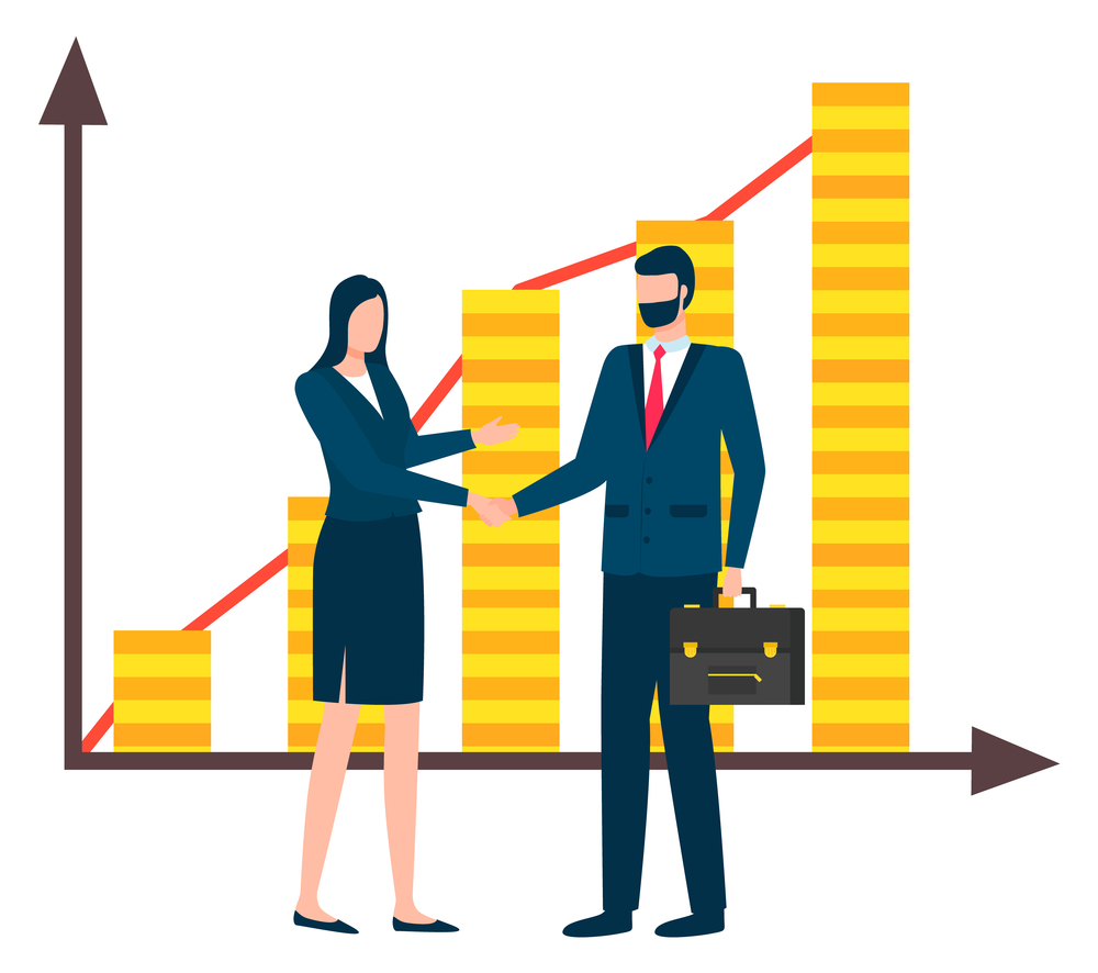 Managers handshake vector, man and woman agreeing on contract. Company development and successful growth. Financial stability and achievements charts. Business Agreement Financial Growth Profit Company