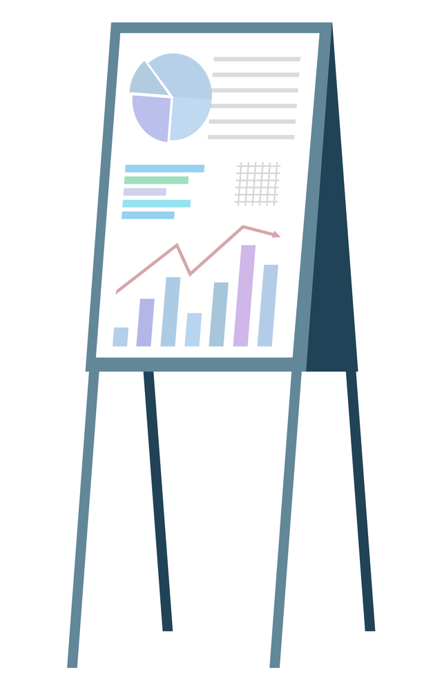 Presentation with charts and diagrams vector, isolated stand with info and data gathered together. Success and failure in business projects stats. Whiteboard with Prepared Info for Presentation