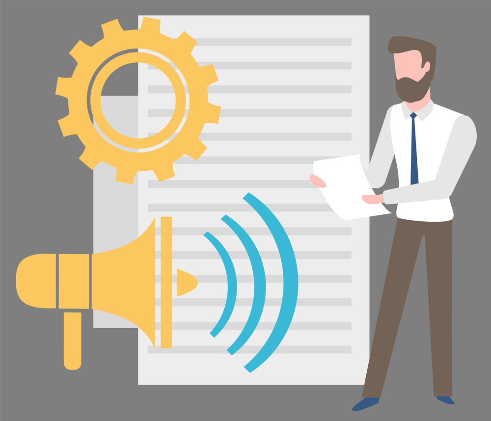 Bearded man making report, blank sheet of paper, gear cogwheel and loudspeaker. Vector business education concept, financial issues and ideas, employer at conference. Bearded Man Making Report, Sheet of Paper, Gear