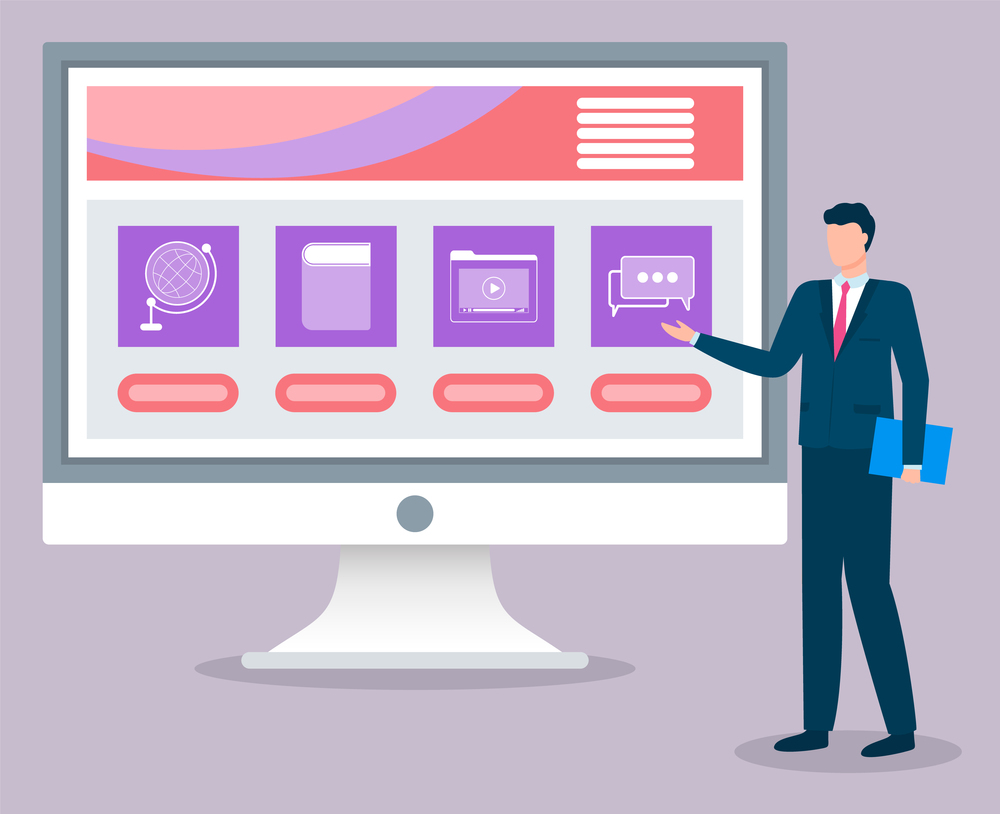 Man stand near computer monitor with opened web page. Businessman shows web page on display, business report on meeting. Screen with icons, media and network, education. Vector illustration in flat. Businessman Stand near Computer Monitor, Website