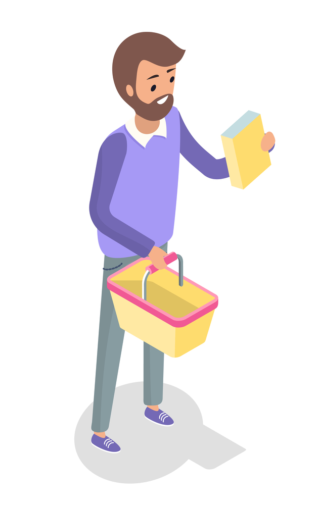 Man standing with a shopping basket vector isolated. Customer holding the empty yellow basket and a box with groats. Buyer in supermarket takes a box of goods takes off the shelf read the packaging. Man walking with a shopping basket vector isolated. Customer holding the empty yellow basket